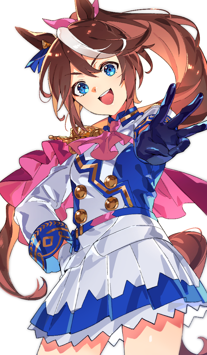 1girl animal_ears ascot asymmetrical_gloves bangs belt blue_eyes blue_gloves breasts brown_hair cape collared_jacket cowboy_shot epaulettes gloves hand_on_hip horse_ears horse_girl horse_tail jacket kotneciii long_hair long_sleeves mismatched_gloves multicolored_hair open_mouth outstretched_arm petticoat pink_ascot pleated_skirt reaching_out simple_background single_epaulette skirt small_breasts smile solo streaked_hair tail teeth tokai_teio_(umamusume) umamusume upper_teeth v-shaped_eyebrows w white_background white_gloves white_skirt