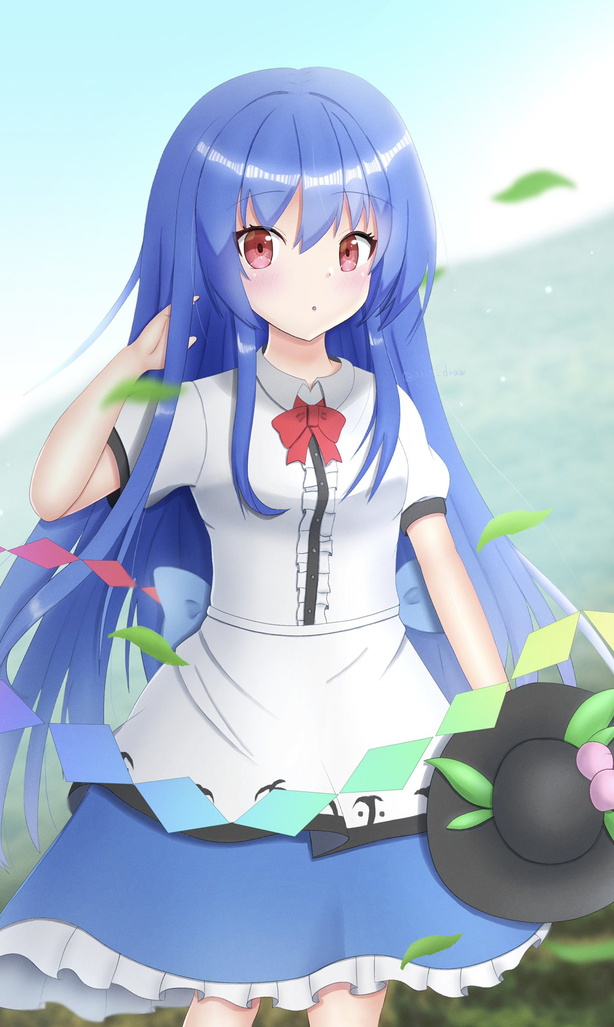 1girl bangs black_headwear blue_hair blue_skirt blue_sky bow bowtie collared_shirt food frilled_skirt frills fruit hand_in_own_hair headwear_removed highres hinanawi_tenshi leaf long_hair looking_at_viewer oekaki_iorin open_mouth outdoors peach red_bow red_bowtie red_eyes shirt short_sleeves skirt sky solo touhou