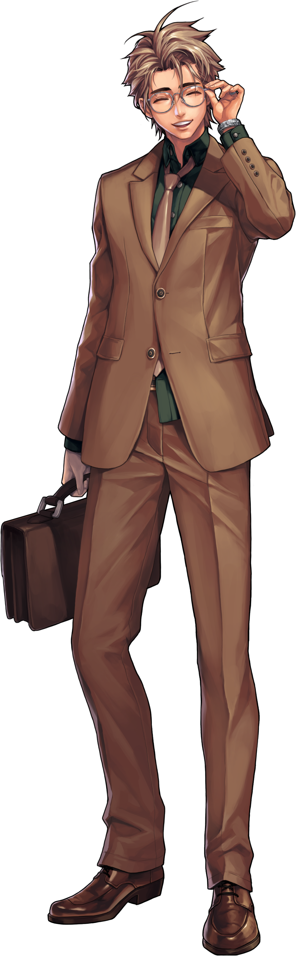 1boy absurdres artist_request bad_source black_survival brown_footwear brown_hair brown_jacket brown_necktie brown_pants closed_eyes collared_shirt facing_viewer formal full_body glasses green_shirt hand_up highres jacket male_focus necktie official_art open_mouth pants shirt shoes shoichi_(black_survival) short_hair simple_background solo standing suit teeth transparent_background upper_teeth