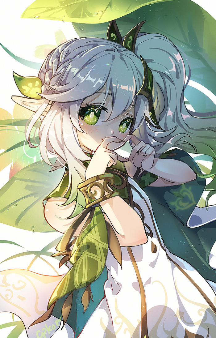 1girl braid cape cat_princess commentary_request dress genshin_impact green_cape green_eyes heart heart_hands kusanali_(genshin_impact) pointy_ears side_ponytail smile solo white_dress white_hair