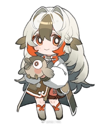 1girl :&gt; animal arknights baiwei_er_hao_ji bird boots brown_dress chibi dress full_body grey_footwear grey_hair holding holding_animal holding_bird jacket light_blush long_sleeves looking_at_viewer lowres multicolored_hair open_clothes open_jacket orange_eyes orange_hair simple_background snowsant_(arknights) solo standing streaked_hair weibo_id weibo_logo white_background white_hair white_jacket