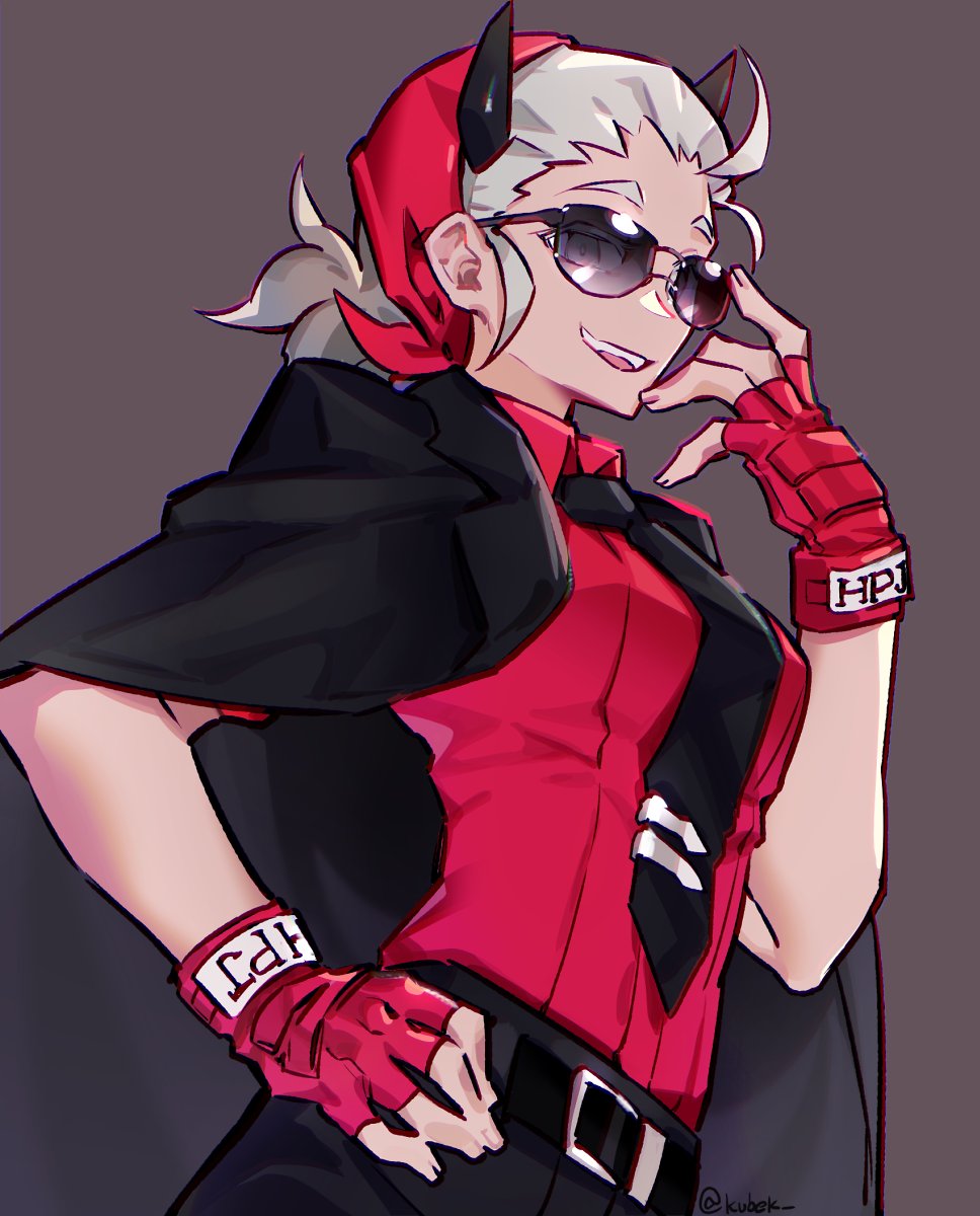 1girl bandana belt black_belt black_horns black_pants demon_girl demon_horns gloves hand_on_hip helltaker highres horns jacket jacket_on_shoulders justice_(helltaker) kubek necktie pants red_bandana red_gloves red_shirt shirt smile sunglasses white_hair