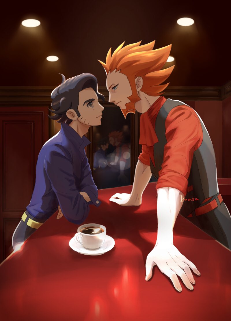 2boys augustine_sycamore beard black_hair cafe ceiling closed_mouth commentary_request counter cup curly_hair eye_contact facial_hair from_side grey_eyes im_i_masa indoors looking_at_another lysandre_(pokemon) male_focus multiple_boys orange_hair orange_shirt pants pokemon pokemon_(game) pokemon_xy saucer shirt short_hair sleeves_rolled_up vest yellow_belt