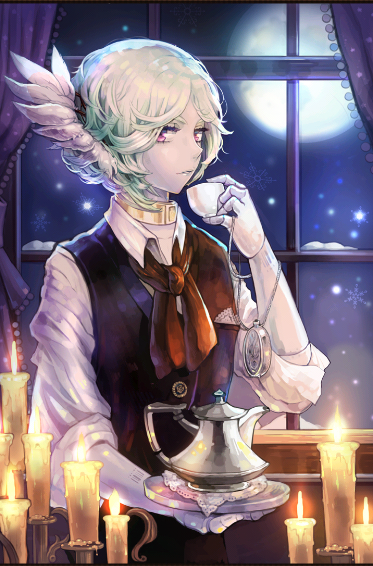 1boy beryl_(saibai_shounen) candle cup curtains facing_to_the_side full_moon green_hair lit_candle looking_at_viewer male_focus moon night night_sky official_art saibai_shounen second-party_source short_hair sky solo teacup teapot ttoma violet_eyes wavy_hair wing_hair_ornament