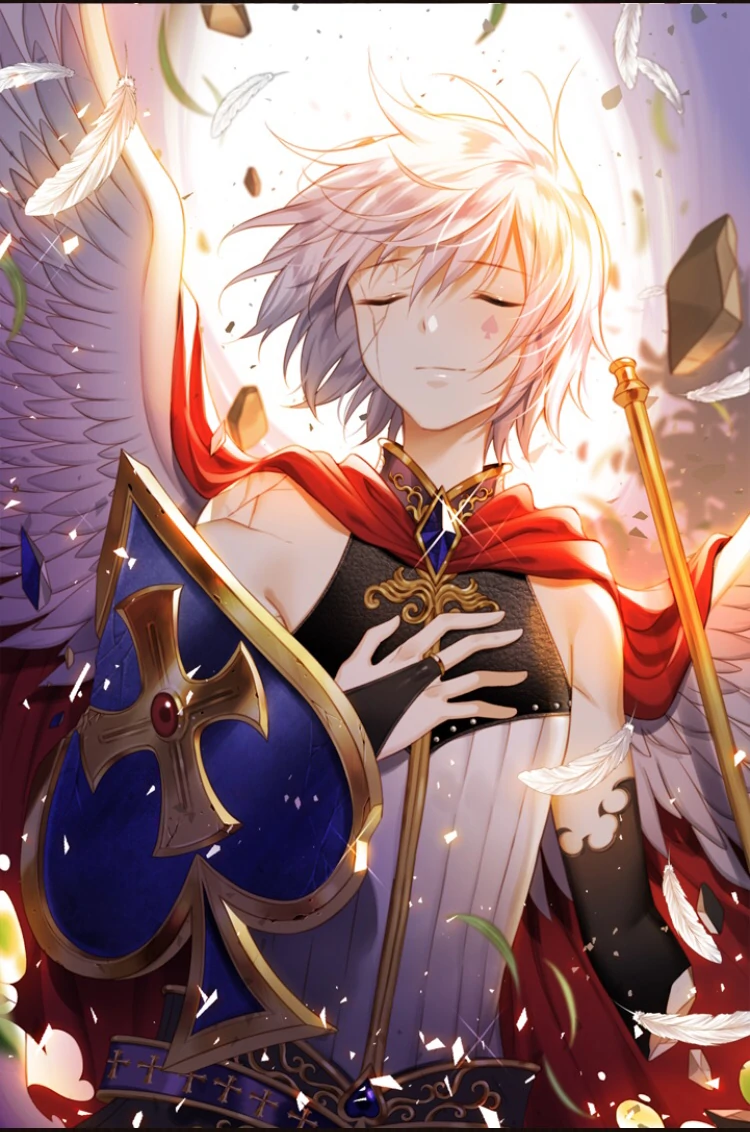 1boy ace_of_hearts angel_wings closed_eyes feathers hand_on_own_chest heart jewelry last_ace_(saibai_shounen) male_focus myoya non-web_source official_art ring saibai_shounen second-party_source short_hair smile solo tattoo white_hair wings