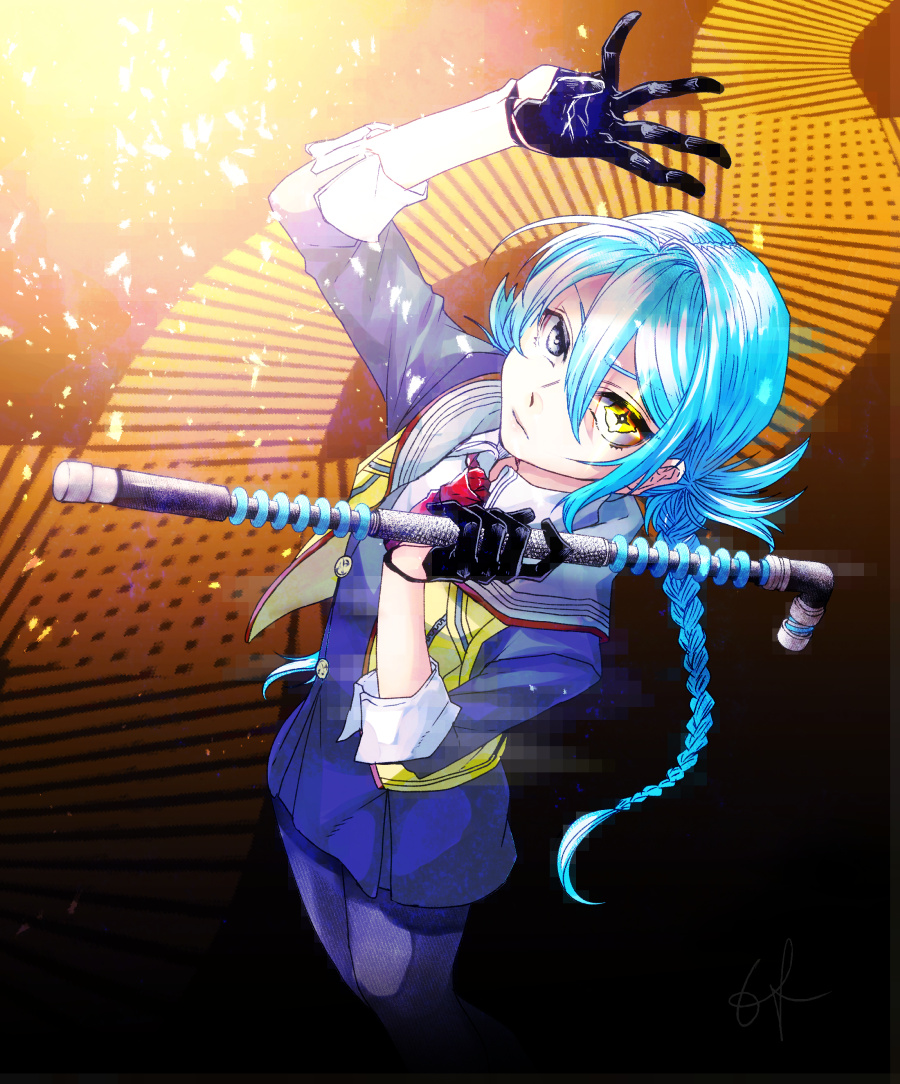 1girl ai_the_somnium_files ai_the_somnium_files:_nirvana_initiative arms_up black_gloves blue_shirt braid gloves grey_eyes hair_between_eyes heterochromia holding holding_weapon light_blue_hair okiura_mizuki open_clothes open_vest shirt sho_nana0 solo standing twin_braids vest weapon yellow_eyes yellow_vest