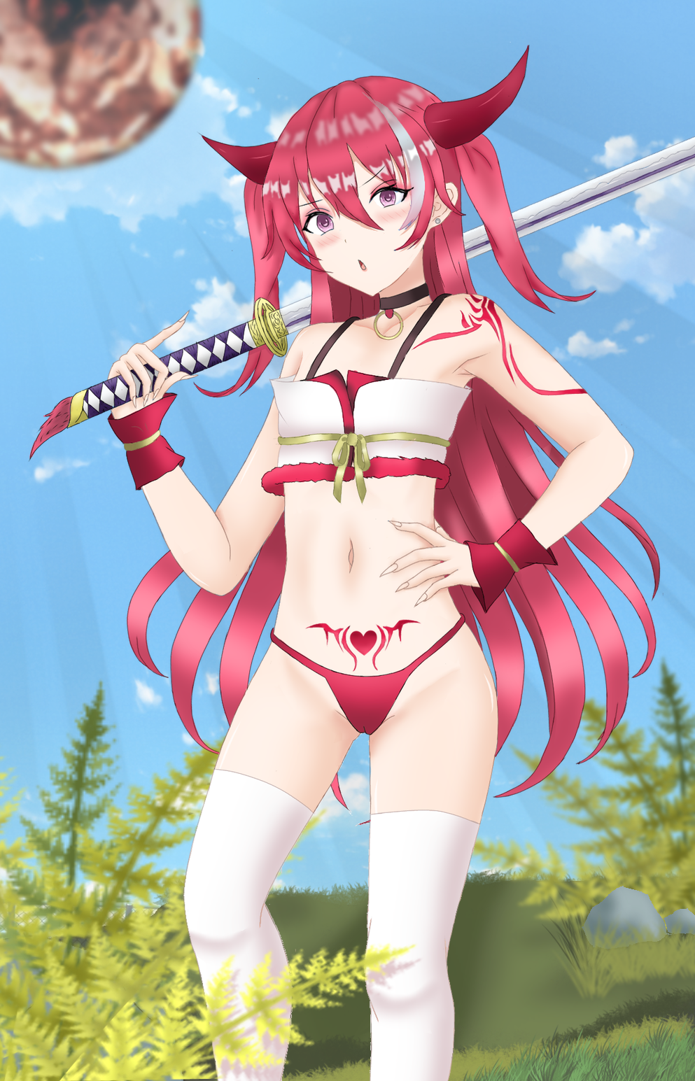 breasts highres horns japanese_clothes katana lewd_chan loli long_hair oni pubic_tattoo redhead small_breasts sword tattoo thigh-highs twintails very_long_hair violet_eyes weapon