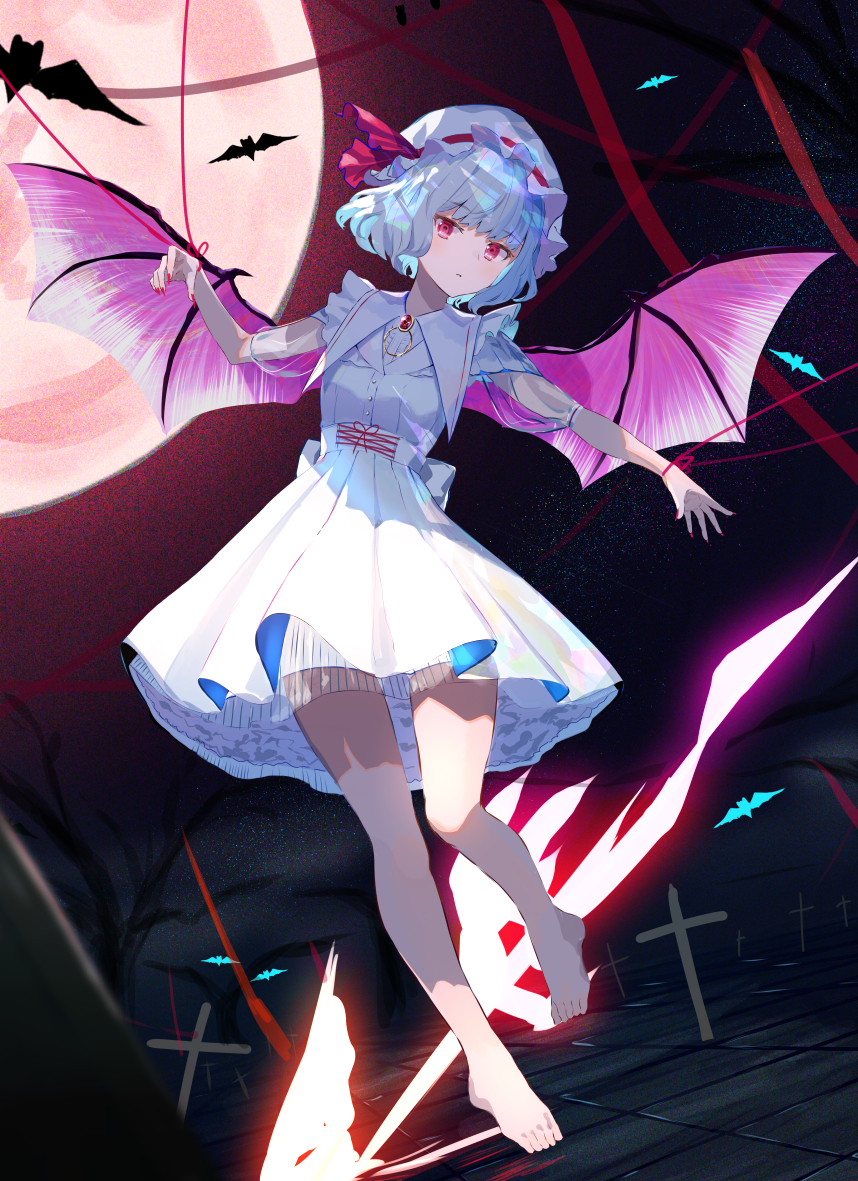 1girl back_bow bangs bare_tree barefoot bat bat_wings blue_hair bound bow brooch closed_mouth commentary_request cross dress floating frilled_skirt frills full_body gem hat hat_ribbon huge_moon jewelry latin_cross looking_at_viewer mob_cap moon night night_sky purple_wings red_eyes red_gemstone red_moon red_nails red_ribbon rei_(farta_litia) remilia_scarlet ribbon see-through see-through_sleeves short_hair short_sleeves skirt sky solo spear_the_gungnir star_(sky) starry_sky tied_up_(nonsexual) touhou tree white_bow white_dress white_headwear wings