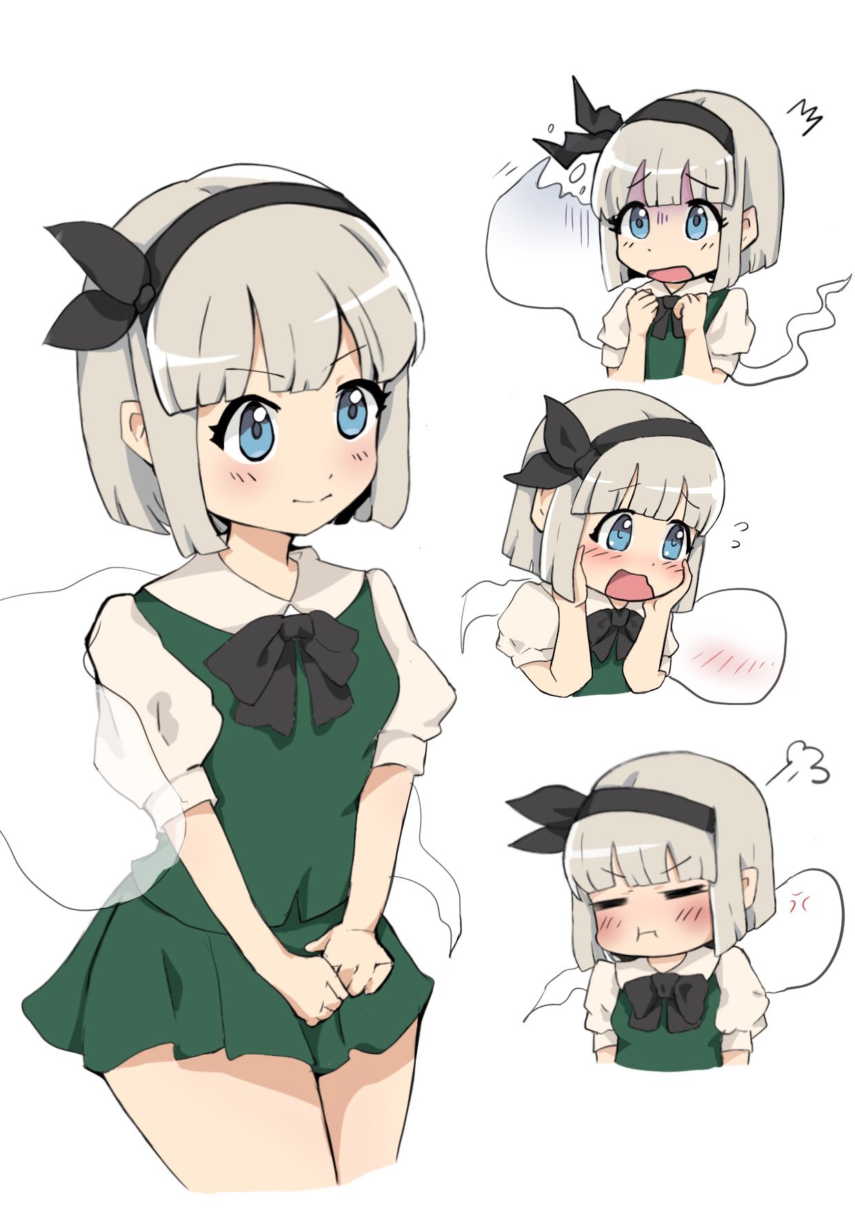 1girl anger_vein angry bangs black_bow black_bowtie black_hairband black_ribbon blue_eyes blush bow bowtie breasts closed_eyes closed_mouth collared_shirt commentary_request dress ghost green_dress green_skirt green_vest grey_hair hairband hands_on_own_face hands_up highres hitodama ilt_sax konpaku_youmu konpaku_youmu_(ghost) looking_to_the_side medium_breasts miniskirt open_mouth puffy_short_sleeves puffy_sleeves ribbon shirt short_hair short_sleeves simple_background skirt smile solo standing touhou v-shaped_eyebrows vest white_background white_shirt