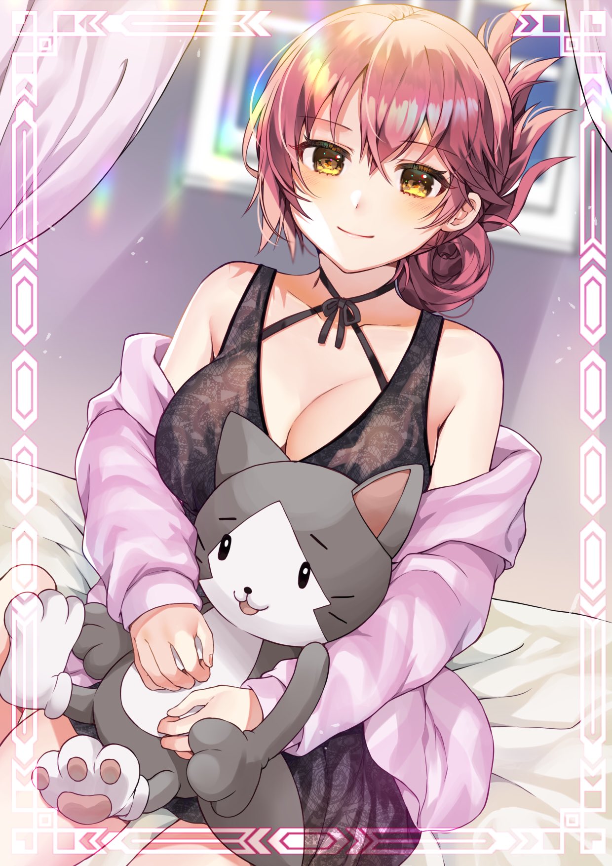 bed breasts commission eiyuu_densetsu hair_bun highres holding large_breasts lingerie looking_at_viewer loose_clothes mishy on_bed pajamas pink_hair sara_valestein sen_no_kiseki sitting sitting_on_bed skeb_commission stuffed_toy underwear window yam_(yamap_mako) yellow_eyes