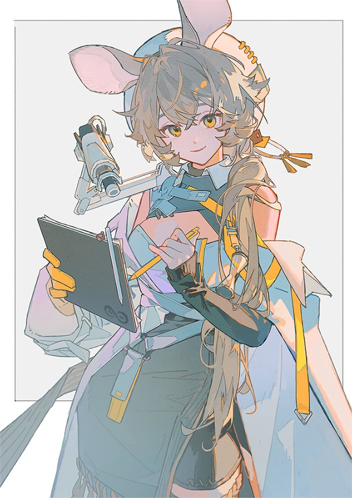 animal_ears arknights clipboard cowboy_shot dorothy_(arknights) gloves green_hair hat holding holding_clipboard holding_pen mechanical_parts mouse_ears mouse_girl pen qiqu smile white_background yellow_eyes yellow_gloves