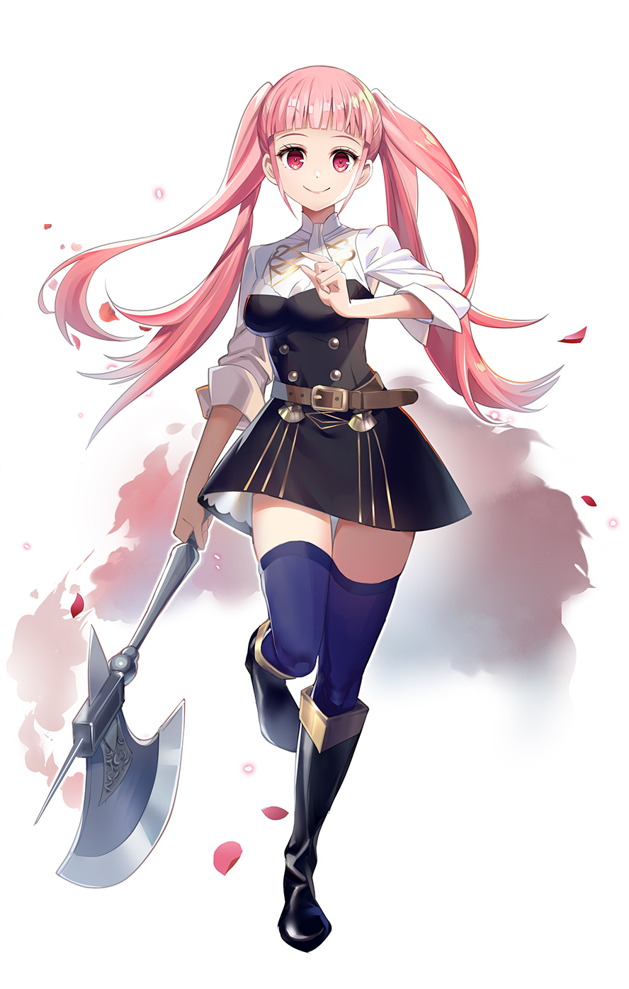 1girl axe bangs belt black_footwear blue_legwear blunt_bangs boots breasts brown_belt closed_mouth commentary fire_emblem fire_emblem:_three_houses full_body garreg_mach_monastery_uniform highres hilda_valentine_goneril holding holding_axe knee_boots leg_up long_hair looking_at_viewer medium_breasts nyoro_(nyoronyoro000) petals pink_hair red_eyes sleeves_past_elbows smile solo thigh-highs twintails white_background zettai_ryouiki