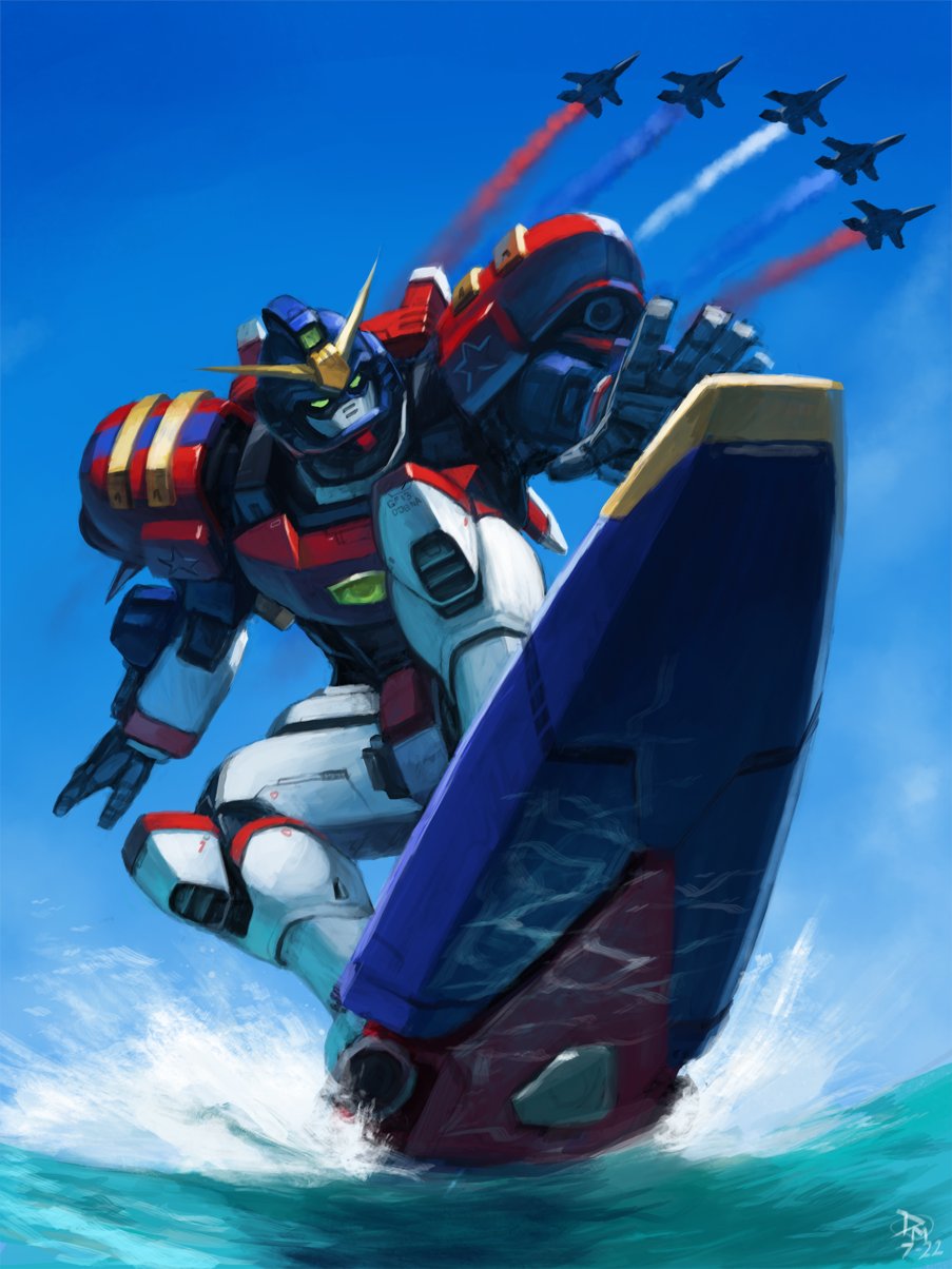 boogwerks colored_smoke dated english_commentary f-15_eagle fourth_of_july g_gundam gundam gundam_maxter highres mecha no_humans robot signature sky surfing water