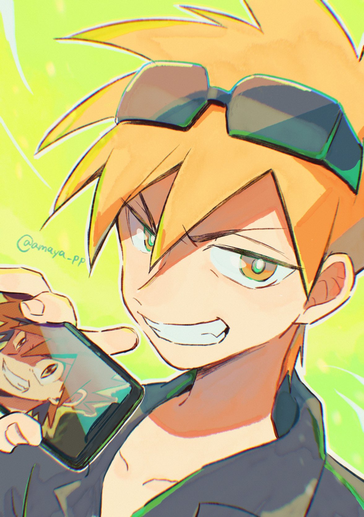 1boy amaya_uw bangs blue_oak collarbone collared_shirt eyewear_on_head gotcha! green_background grin hair_between_eyes hand_up highres holding holding_phone male_focus orange_hair phone pokemon pokemon_(game) pokemon_sm shirt short_hair smile solo sunglasses teeth twitter_username