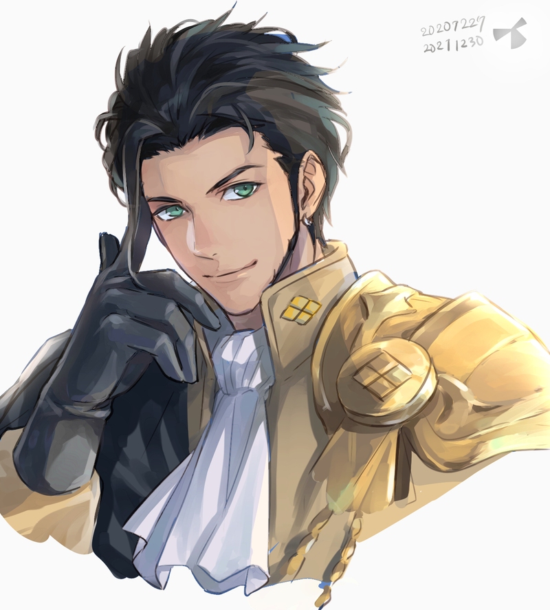 1boy 78_(user_1778319) armor ascot black_gloves black_hair claude_von_riegan closed_mouth dated earrings fire_emblem fire_emblem:_three_houses gloves green_eyes hand_up jacket jewelry male_focus pauldrons short_hair shoulder_armor sideburns simple_background single_earring single_pauldron smile solo upper_body white_background yellow_jacket