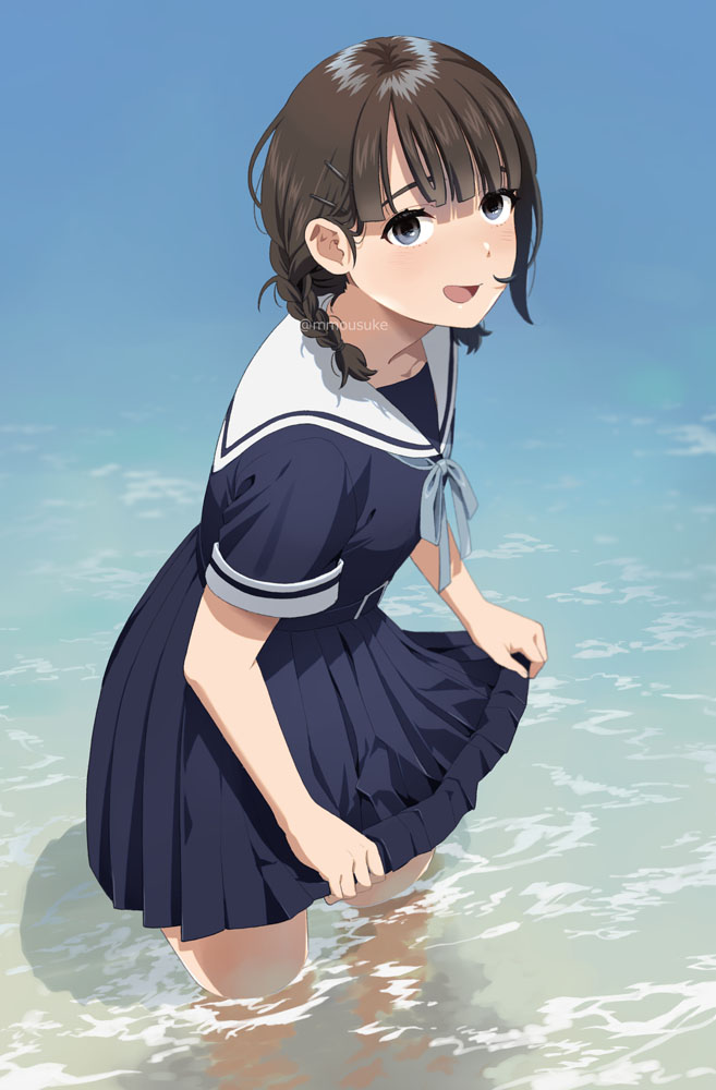 1girl :d bangs black_dress blue_bow bow braid collarbone day dress eyebrows_behind_hair grey_eyes hair_ornament hairclip long_hair looking_at_viewer mattaku_mousuke original outdoors pleated_dress sailor_collar sailor_dress short_sleeves smile solo standing twin_braids twintails wading water watermark white_sailor_collar