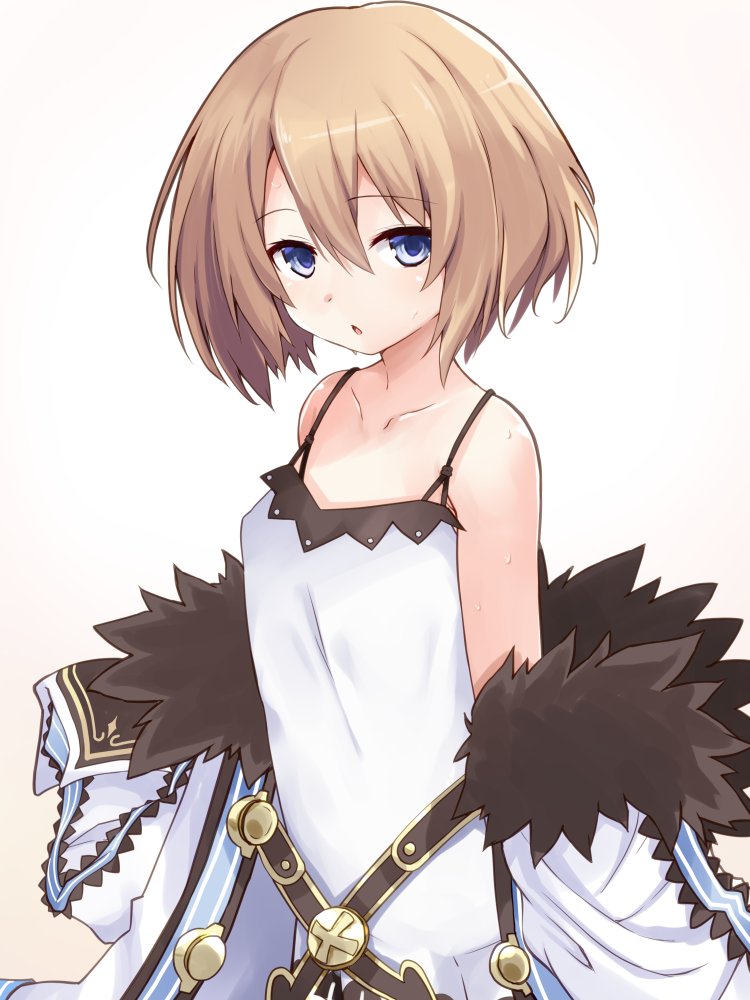 1girl bare_shoulders blanc_(neptune_series) blue_eyes breasts brown_hair coat commentary_request covered_nipples dress from_side fur-trimmed_coat fur_trim iwashi_dorobou_-r- looking_at_viewer medium_hair neptune_(series) no_bra off_shoulder parted_lips simple_background small_breasts solo spaghetti_strap staring very_long_sleeves white_coat white_dress