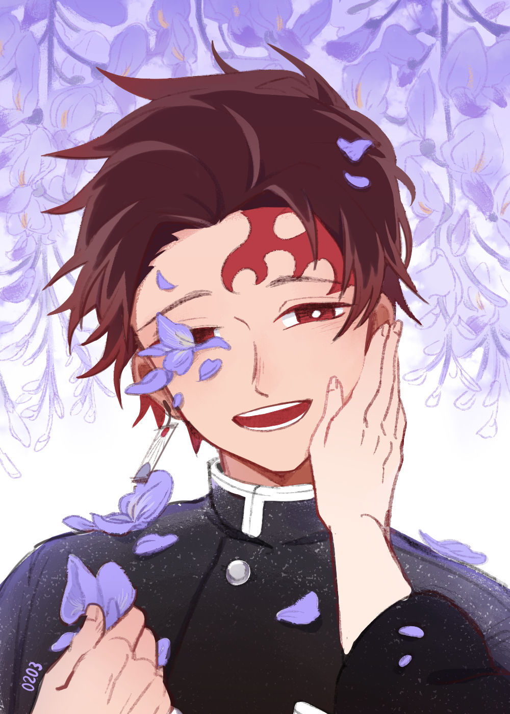 1boy brown_hair crying demon_slayer_uniform earrings facial_mark flower half-closed_eyes hand_on_another's_cheek hand_on_another's_face hand_up happy highres jewelry kamado_tanjirou kimetsu_no_yaiba looking_at_viewer male_focus mono_(bluesky) out_of_frame outstretched_arm petals portrait pov pov_hands purple_flower reaching red_eyes redhead scar scar_on_face smile solo_focus wisteria