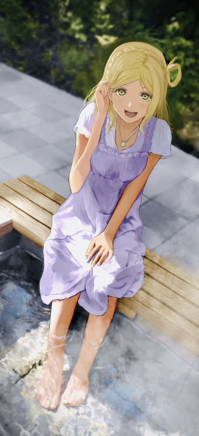 1girl :d barefoot blonde_hair blurry blurry_background braid crown_braid depth_of_field dress foot_bath hair_rings hair_tucking hand_on_lap highres jewelry long_hair looking_at_viewer love_live! love_live!_sunshine!! medium_dress necklace ohara_mari open_mouth outdoors purple_dress refraction shade short_sleeves sitting smile solo steam symbol-only_commentary yanase_eiwa yellow_eyes