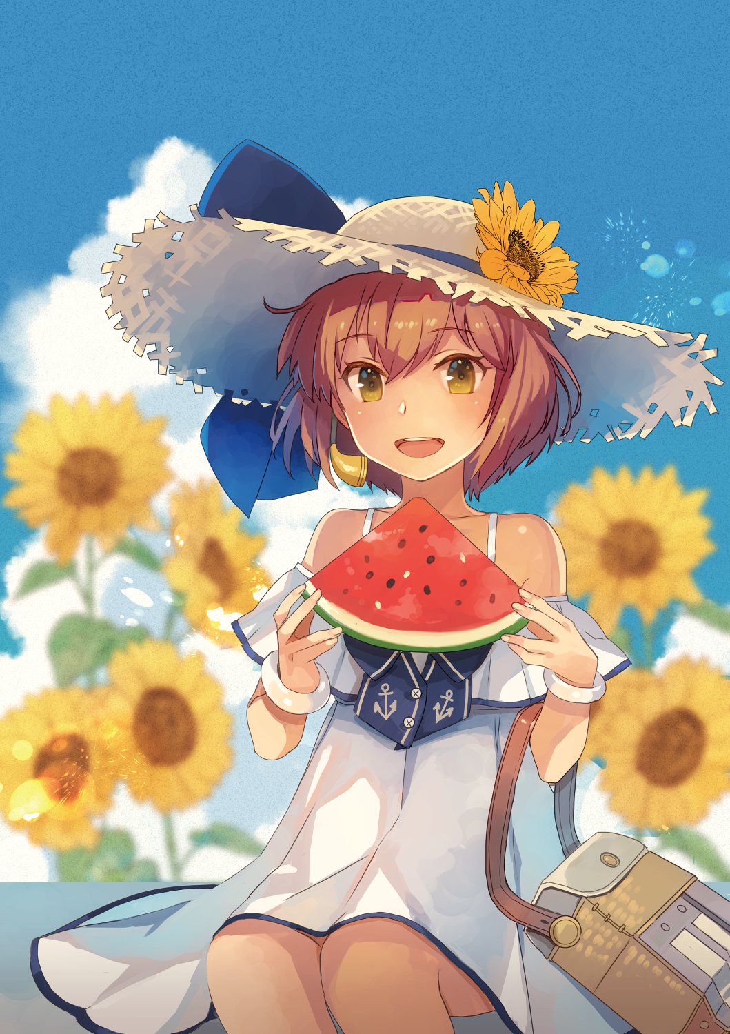 1girl alternate_costume anchor_symbol bag blue_ribbon blue_sky blurry brown_eyes brown_hair clouds cloudy_sky cowboy_shot day depth_of_field dress eating flower food fruit hat headset highres kantai_collection kasumi_(skchkko) looking_at_viewer official_alternate_costume open_mouth outdoors ribbon round_teeth short_hair sitting sky smile solo speaking_tube_headset straw_hat sun_hat sundress sunflower teeth upper_teeth watermelon white_dress yukikaze_(kancolle)