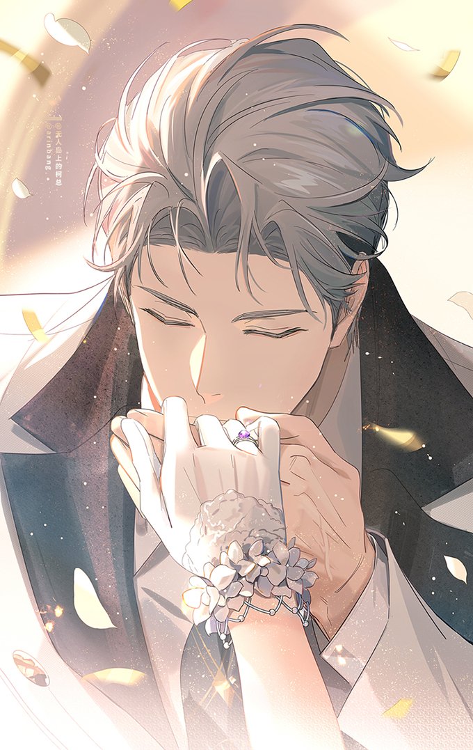 1boy 1girl black_jacket black_necktie closed_mouth clouds dress formal gloves holding_hands jacket jewelry kiss kissing_hand long_sleeves necktie original ring shanhuchong short_hair wedding_dress wedding_ring white_gloves white_hair white_jacket