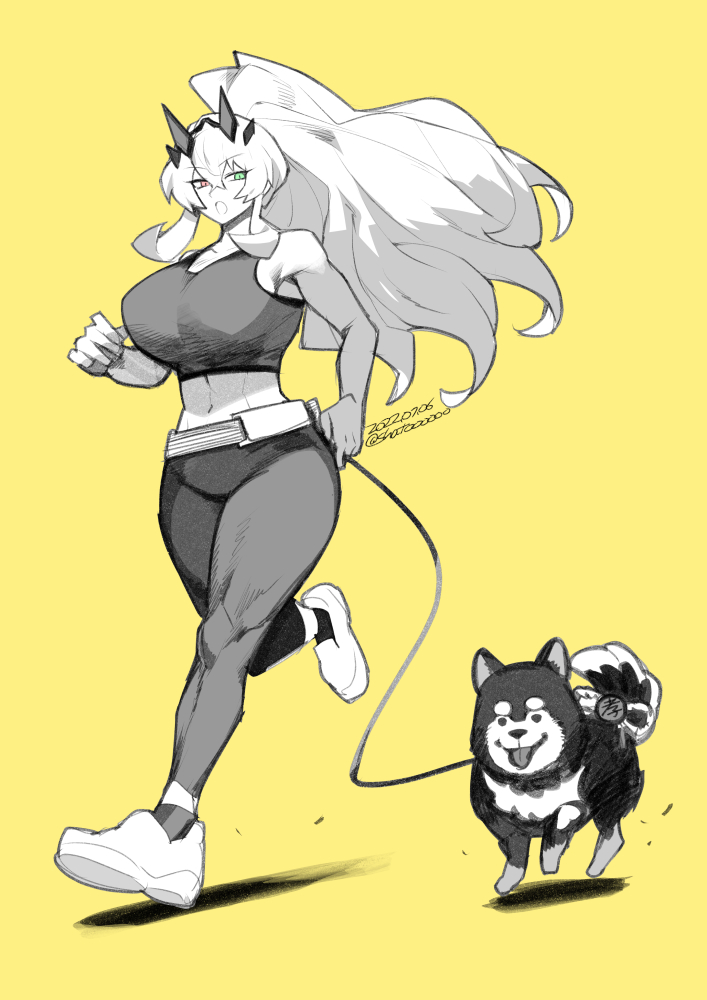 1girl breasts crop_top dated dog fairy_knight_gawain_(fate) fate/grand_order fate_(series) greyscale_with_colored_background heterochromia huge_breasts jogging leash long_hair midriff pants ponytail shatou_(c-com) tight tight_pants track_pants twitter_username yellow_background
