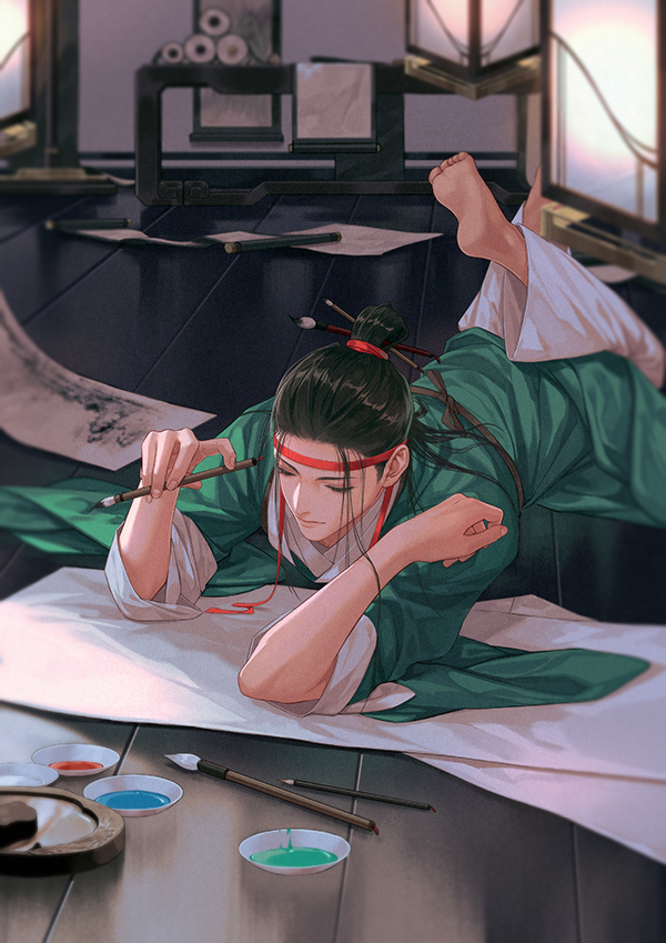 1boy akyo89 barefoot black_hair bowl chinese_clothes eyelashes feet_up green_robe hair_bun hair_ornament hair_pulled_back half_updo hands_up hanfu hanging_scroll headband holding holding_paintbrush indoors inkwell lantern long_hair long_sleeves lying male_focus on_floor on_stomach one_hundred_scenes_of_jiangnan paint paintbrush paintbrush_hair_ornament paper scroll shen_zhou single_hair_bun sleeves_rolled_up soles solo wooden_floor