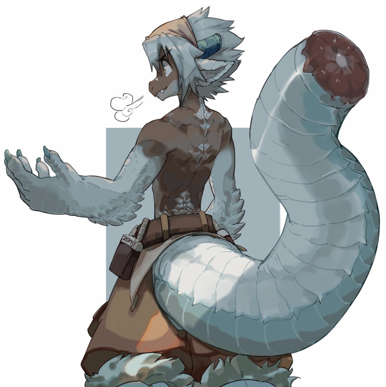 1boy =3 animal_ears baggy_pants blue_background broken_horn brown_pants claws colored_skin cowboy_shot dark-skinned_male dark_skin dragon_boy dragon_tail english_commentary fang fang_out furry furry_male green_eyes grey_hair grey_scales grey_skin hand_up head_scarf highres horns looking_to_the_side male_focus original pants scales scar scar_on_face scar_on_nose short_hair simple_background solo standing tail topless_male white_background white_scales white_skin zong_wumi