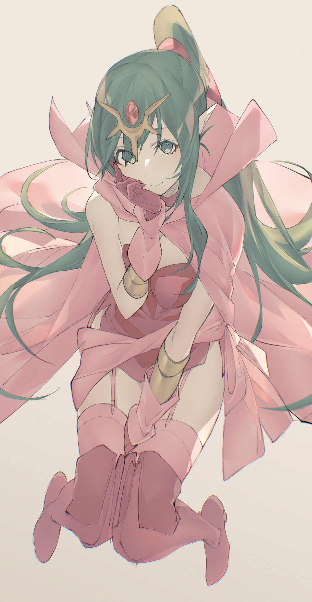 1girl bare_shoulders boots breasts cape dress fire_emblem fire_emblem_awakening garter_straps gloves green_eyes green_hair hair_ornament highres long_hair looking_at_viewer medium_breasts pink_dress pointy_ears ponytail red_dress short_dress side_slit simple_background smile sokoo solo strapless strapless_dress thigh_boots tiki_(fire_emblem) zettai_ryouiki