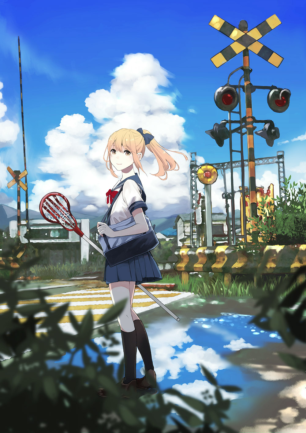 1girl bag bangs black_legwear blonde_hair blue_bow blue_sailor_collar blue_skirt blue_sky bow brown_footwear butterfly_net closed_mouth clouds commentary_request cumulonimbus_cloud guard_rail hair_bow hand_net highres holding holding_butterfly_net kneehighs loafers looking_at_viewer looking_to_the_side original outdoors ponytail puddle railroad_crossing red_bow reflection sailor_collar scenery school_bag school_uniform serafuku shoes skirt sky smile yamamoto_makuya yellow_eyes