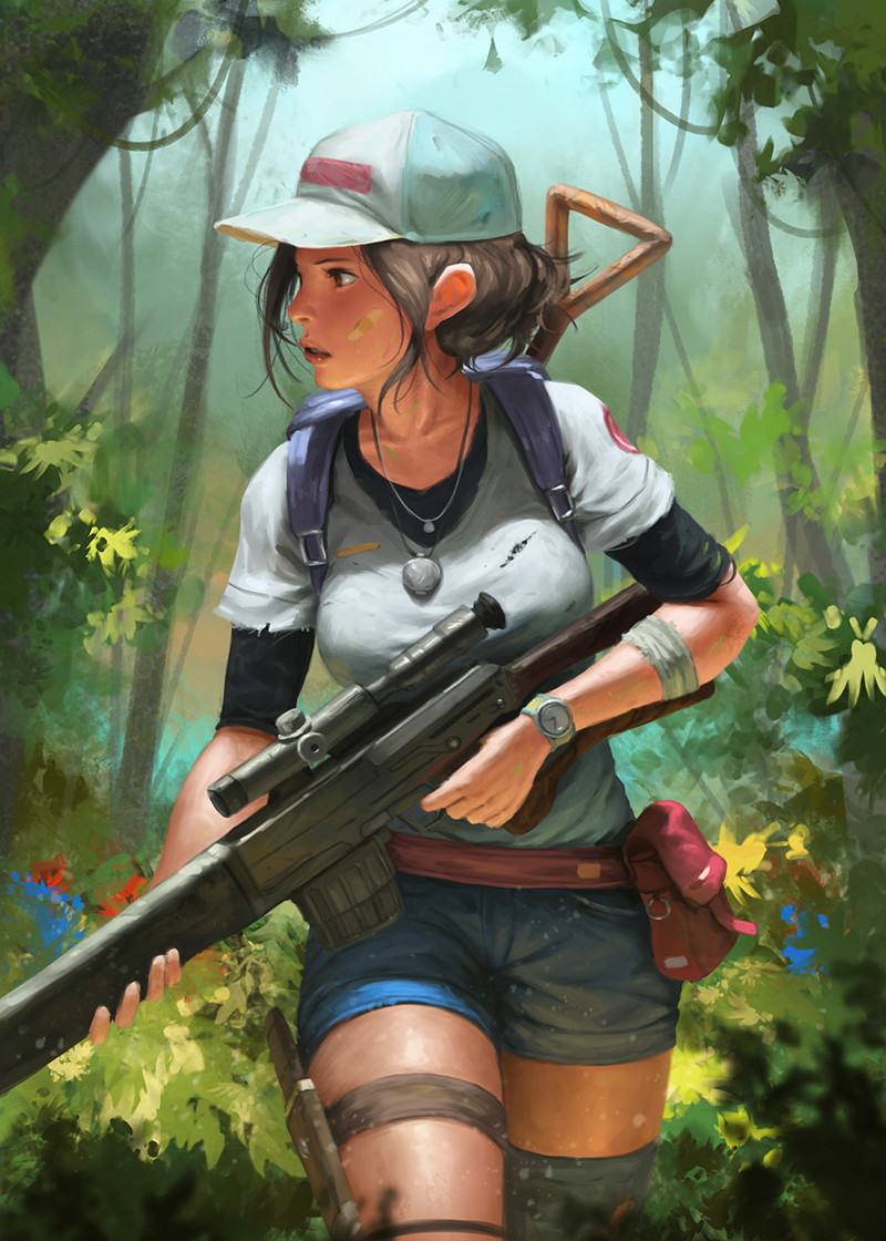 1girl backpack bag bandaged_arm bandages bandaid bandaid_on_cheek bandaid_on_face baseball_cap black_shirt blue_bag blue_shorts breasts brown_eyes brown_hair bush character_request commentary copyright_request cowboy_shot day denim denim_shorts dragunov_svd english_commentary forest green_background grey_legwear gun hat holding holding_gun holding_weapon holstered_weapon jewelry knife knife_holster left-handed light_blue_background medium_breasts nature necklace outdoors parted_lips pendant rifle satchel shirt shirt_under_shirt short_hair short_sleeves shorts shovel single_thighhigh sniper_rifle solo syar_page thigh-highs thigh_strap tree two-tone_background walking watch watch weapon white_headwear white_shirt