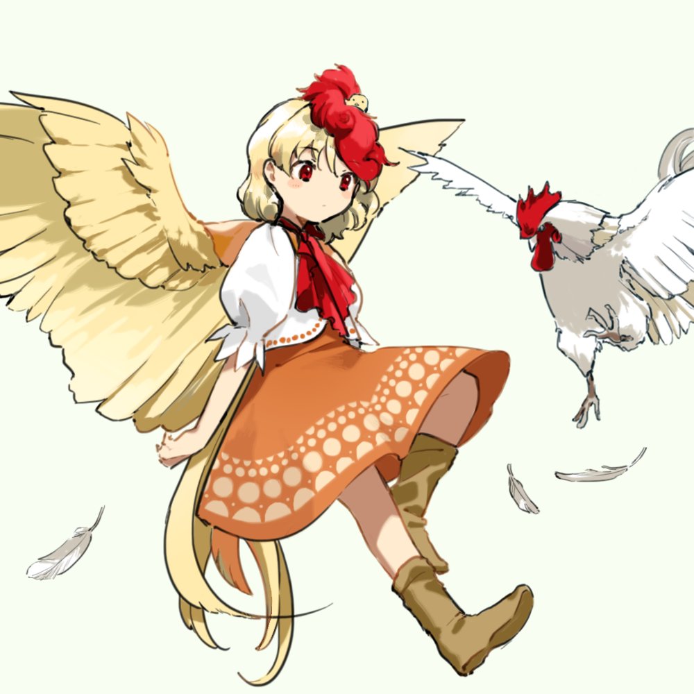 1girl ascot bird blonde_hair boots chick chicken dress expressionless feathered_wings feathers full_body kaigen_1025 medium_hair niwatari_kutaka puffy_short_sleeves puffy_sleeves red_eyes short_sleeves simple_background solo tail_feathers touhou vest wings