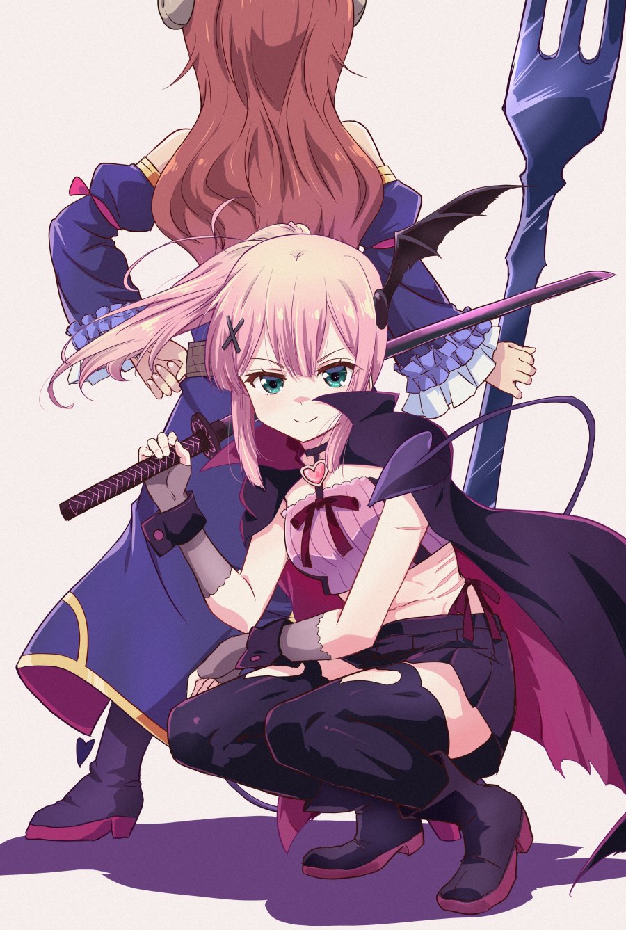 2girls bangs bare_shoulders bat_wings black_collar black_skirt blonde_hair blue_dress blue_eyes boots bow cape chiyoda_momo collar demon_girl demon_horns demon_tail detached_sleeves dress facing_away fork frilled_sleeves frills gobera gold_trim grey_background hair_between_eyes hair_ornament hairclip heart highres holding holding_weapon horns katana long_hair looking_at_viewer machikado_mazoku multiple_girls navel ponytail red_bow red_ribbon redhead ribbon scar shadow simple_background skirt smile squatting sword tail torn_clothes weapon wings yoshida_yuuko_(machikado_mazoku)