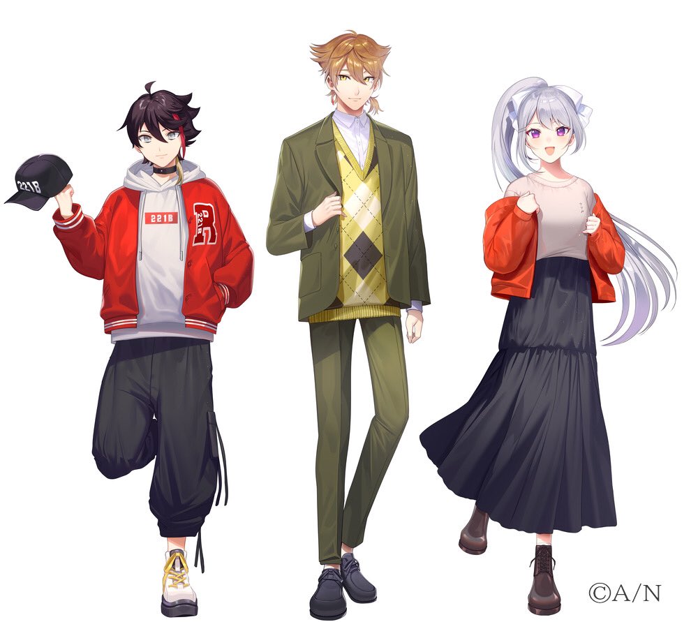 1girl 2boys black_choker black_footwear black_headwear black_pants black_skirt blonde_hair blue_eyes brown_footwear brown_hair choker full_body fushimi_gaku green_jacket green_pants grey_hair high_ponytail higuchi_kaede jacket long_hair long_skirt long_sleeves looking_at_viewer mole mole_under_eye multicolored_hair multiple_boys nijisanji no_headwear official_alternate_costume official_art open_clothes open_jacket open_mouth orange_hair pants puffy_pants red_jacket redhead saegusa_akina short_hair simple_background skirt smile standing standing_on_one_leg streaked_hair tsukimoto_aoi very_long_hair violet_eyes white_background yellow_eyes