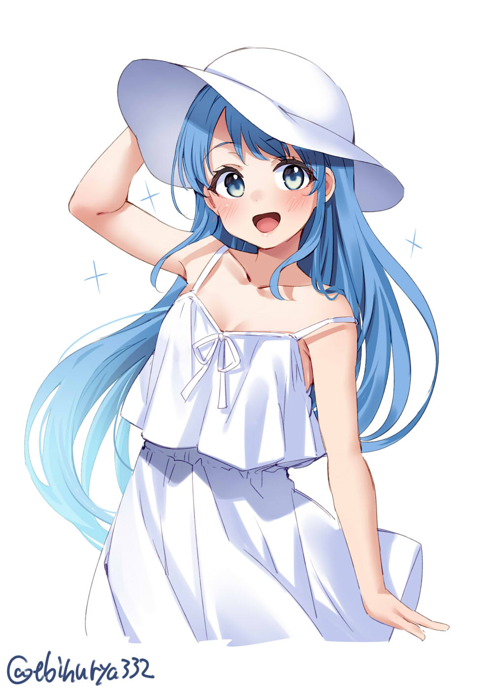 1girl :d arm_up artist_name bare_shoulders blue_eyes blue_hair breasts collarbone dress ebifurya hand_on_headwear hat highres kantai_collection long_hair looking_at_viewer one-hour_drawing_challenge open_mouth samidare_(kancolle) sidelocks simple_background small_breasts smile solo strap_slip sun_hat sundress twitter_username very_long_hair white_background white_headwear