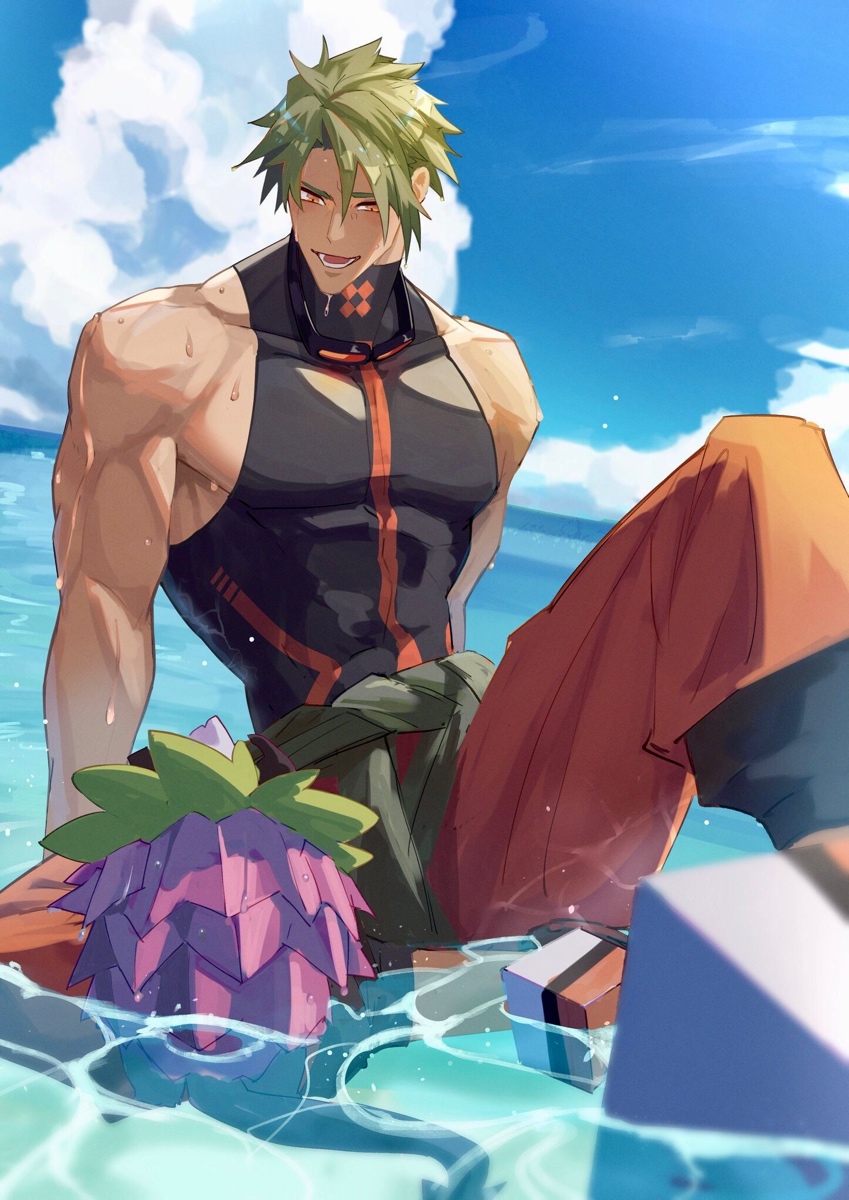 1boy achilles_(fate) achilles_(fearless_diver)_(fate) bangs bare_shoulders black_gloves clothes_around_waist fate/apocrypha fate/grand_order fate_(series) gloves goggles goggles_on_head green_hair haruakira highres jacket jacket_around_waist large_pectorals male_focus muscular muscular_male ocean official_alternate_costume open_mouth pectorals shirt short_hair sidepec smile solo swimsuit tan yellow_eyes