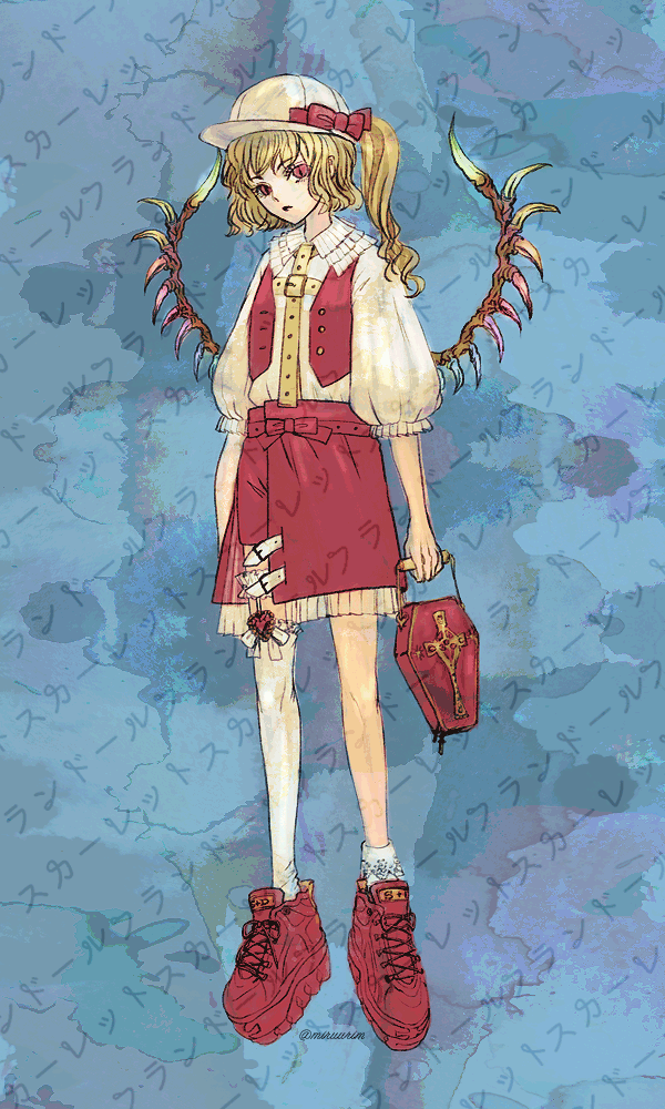 1girl adapted_costume alternate_costume alternate_wings asymmetrical_legwear bag bangs baseball_cap belt blonde_hair bow buttons character_name coffin collared_shirt cross-laced_footwear flandre_scarlet frilled_shirt_collar frilled_skirt frills full_body handbag hat hat_bow head_tilt holding holding_bag long_hair looking_at_viewer nazo_(mystery) one_side_up open_clothes open_vest puffy_sleeves red_bow red_eyes red_footwear red_skirt red_vest shirt shoes skirt sneakers socks solo symbol-only_commentary touhou twitter_username vest white_headwear white_legwear white_shirt wings