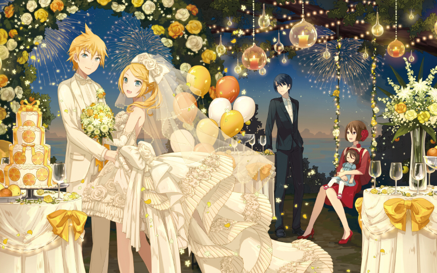 2boys 3girls alternate_costume balloon blonde_hair blue_dress blue_eyes bouquet bow bridal_veil brown_hair cake candle couple cover cover_page cup dress drinking_glass evening family fang female_child fire_flower_(vocaloid) fireworks flower food formal fruit high_heels husband_and_wife if_they_mated ixima kagamine_len kagamine_rin kaito_(vocaloid) looking_at_viewer medium_hair meiko multiple_boys multiple_girls novel_cover official_art orange_(fruit) orange_flower orange_rose orange_slice red_dress red_footwear ribbon rose short_hair smile standing suit textless_version veil vocaloid wedding wedding_cake wedding_dress white_dress yellow_bow yellow_flower yellow_ribbon yellow_rose