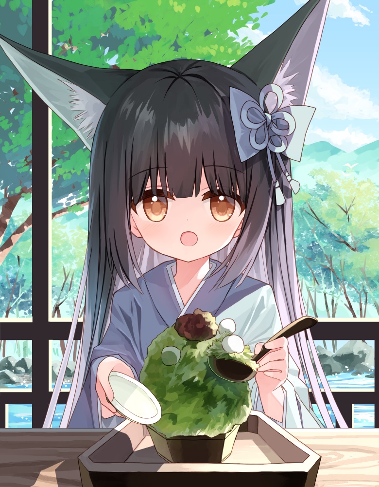 1girl :d animal_ear_fluff animal_ears bangs black_hair blue_kimono blue_sky brown_eyes clouds commentary_request day food_request holding holding_saucer japanese_clothes kimono long_hair long_sleeves looking_at_viewer mountain original saucer sky smile solo tree wide_sleeves yuuhagi_(amaretto-no-natsu)