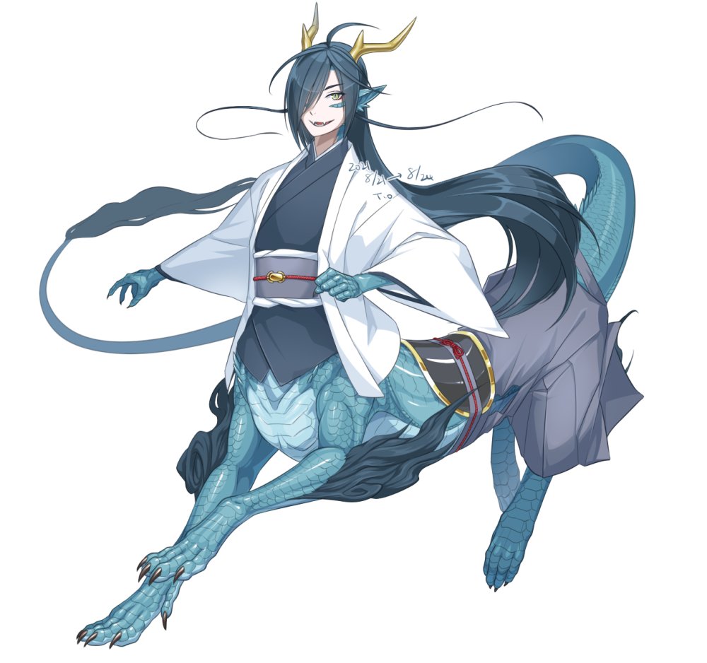 1boy 2021 antlers artist_name blue_hair blue_scales claws dated dragon_boy dragon_tail fangs fingernails full_body green_eyes grey_pants hair_over_one_eye hakama japanese_clothes kimono long_hair looking_at_viewer male_focus monster_boy open_mouth original pants pointy_ears running scales sharp_fingernails short_kimono skin_fangs slit_pupils smile solo t_o_illustvs tail taur very_long_hair white_background