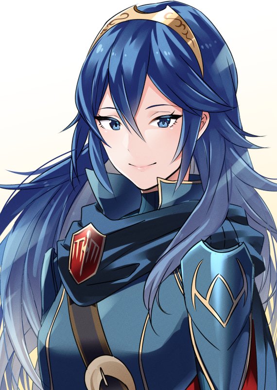 1girl ameno_(a_meno0) bangs blue_eyes blue_hair blush cape closed_mouth fingerless_gloves fire_emblem fire_emblem_awakening gloves hair_between_eyes long_hair looking_at_viewer lucina_(fire_emblem) simple_background smile solo tiara