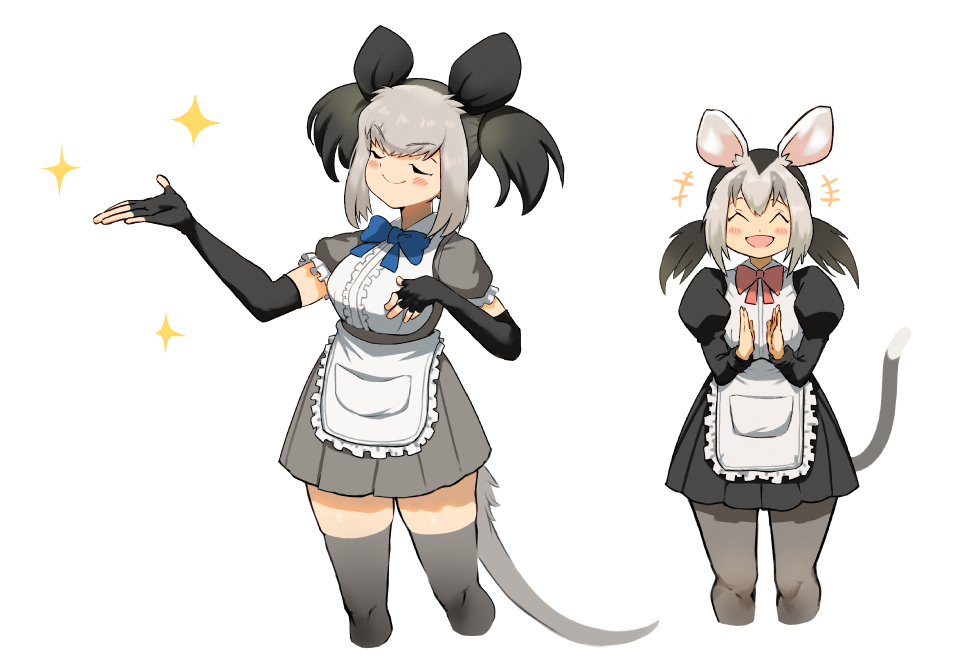 2girls ^_^ apron black_dress black_gloves black_hair blue_bow blue_bowtie blush bow bowtie clapping closed_eyes collared_dress commentary_request dress elbow_gloves fingerless_gloves frilled_apron frilled_sleeves frills gloves grey_dress grey_hair grey_legwear hatch_(hatch_box) juliet_sleeves kemono_friends long_sleeves maid multicolored_hair multiple_girls open_mouth pantyhose possum_ears possum_girl possum_tail puffy_short_sleeves puffy_sleeves scaly-tailed_possum_(kemono_friends) short_hair short_sleeves smile smug thigh-highs twintails two-tone_dress two-tone_hair white-eared_opossum_(kemono_friends) white_apron white_dress zettai_ryouiki