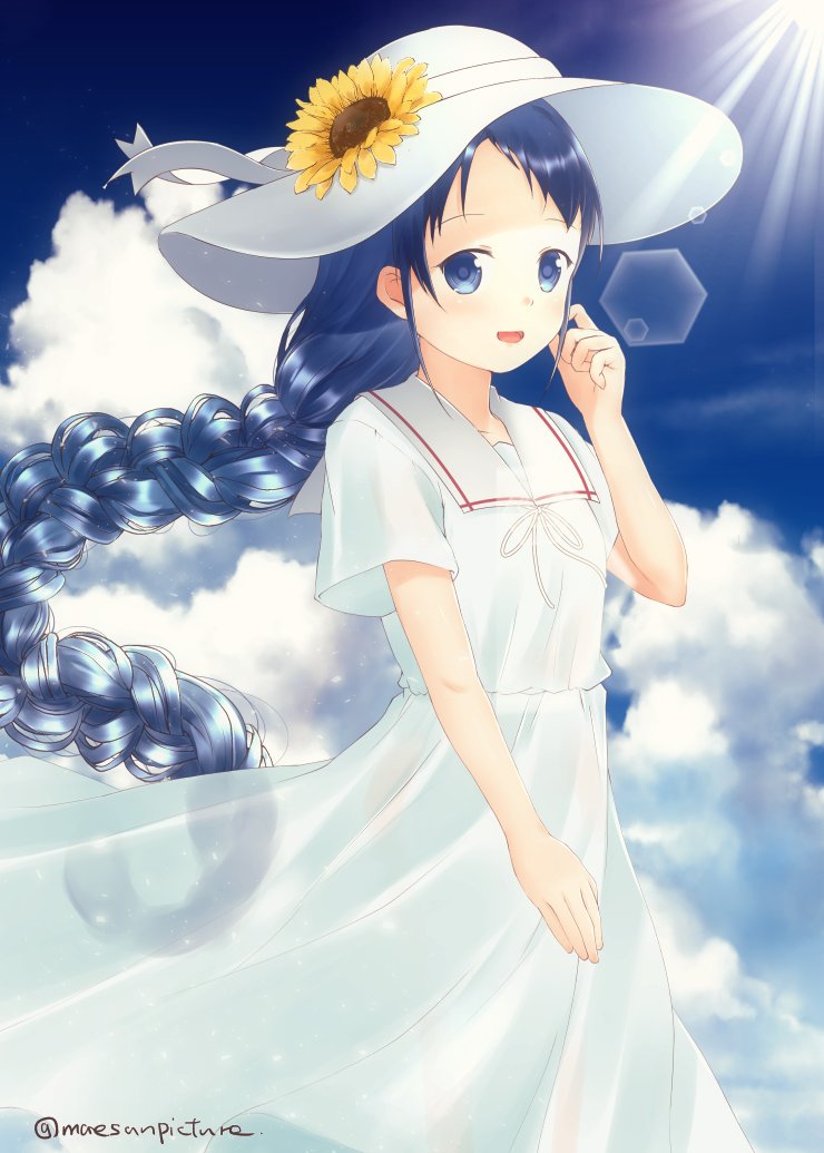 1girl alternate_costume alternate_hairstyle bangs blue_eyes blue_hair blue_sky braid clouds commentary_request dress flower gradient_hair hat kantai_collection long_hair looking_at_viewer mae_(maesanpicture) multicolored_hair sailor_collar sailor_dress samidare_(kancolle) single_braid sky solo sun_hat sunflower swept_bangs very_long_hair white_dress white_headwear white_sailor_collar