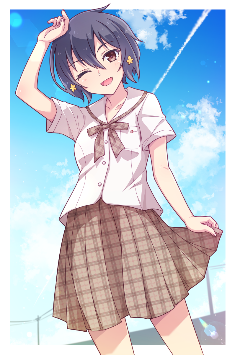 1girl ;d arm_up bangs black_hair blue_sky blush bow brown_bow brown_eyes brown_skirt clouds commentary_request contrail day e20 hair_between_eyes highres looking_at_viewer mizuno_ai one_eye_closed plaid plaid_bow plaid_skirt pleated_skirt power_lines sailor_collar school_uniform serafuku shirt skirt sky smile solo utility_pole white_sailor_collar white_shirt zombie_land_saga