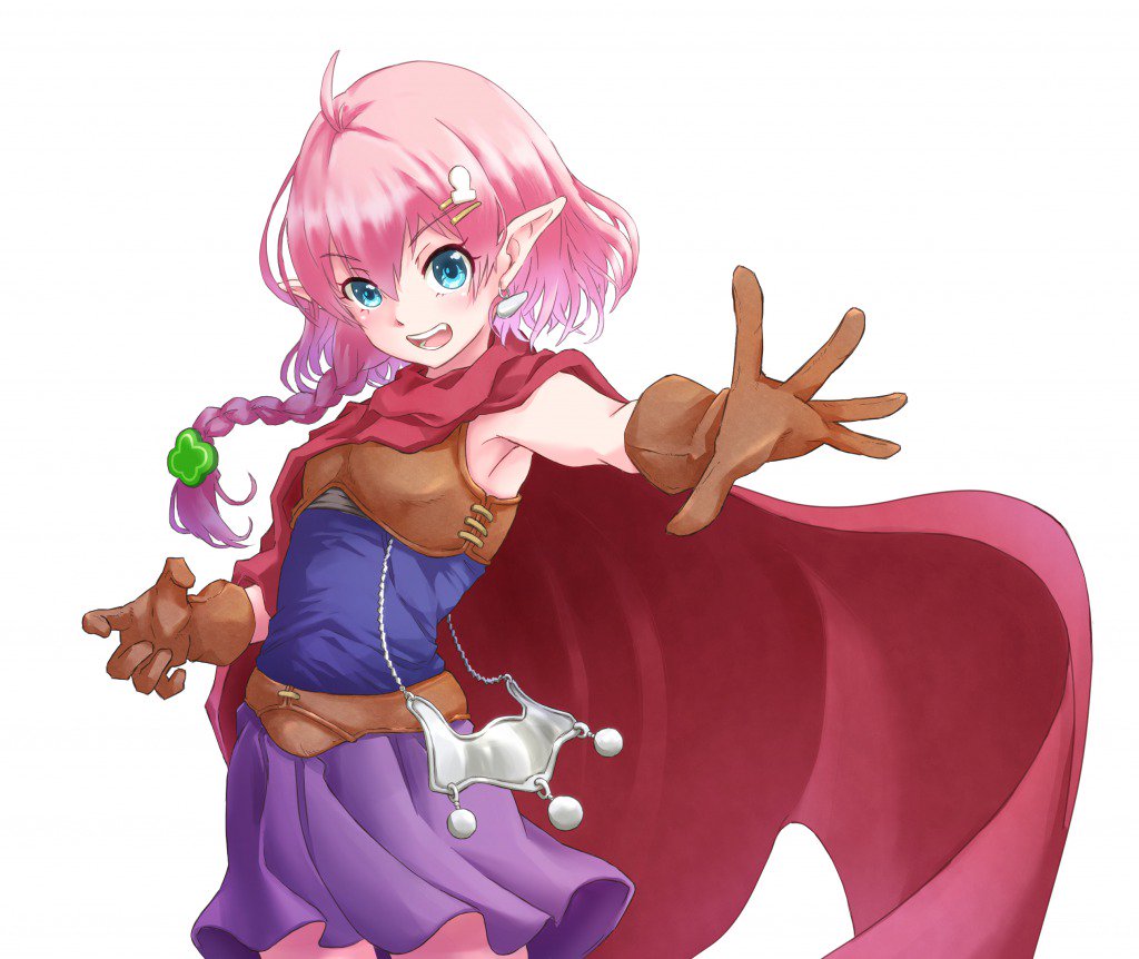 1girl ahoge amahane_yotsuha blue_eyes braid cape chrono_trigger cosplay earrings gloves hair_ornament hairclip jewelry kanimusiv_v long_hair looking_at_viewer magus_(chrono_trigger) open_mouth pink_hair pointy_ears simple_background single_braid smile solo vgaming virtual_youtuber white_background
