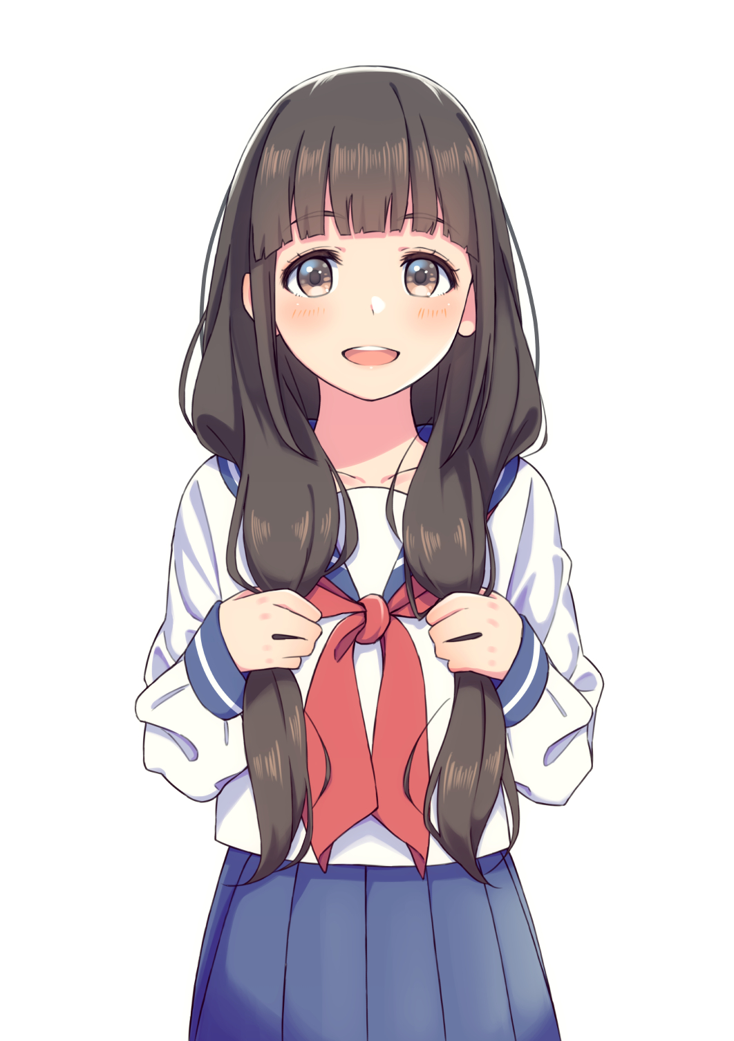 1girl :d bangs black_hair blue_sailor_collar blue_skirt blunt_bangs blush brown_eyes collarbone commentary_request highres holding holding_hair long_hair long_sleeves looking_at_viewer natuich neckerchief open_mouth original red_neckerchief sailor_collar school_uniform serafuku simple_background skirt smile solo tareme teeth upper_teeth white_background white_serafuku