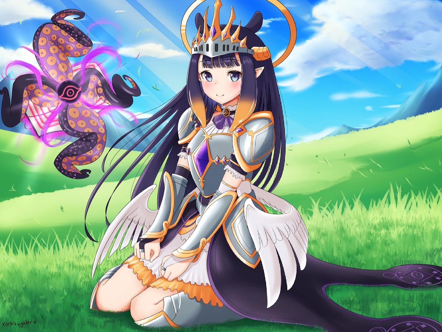 1girl animal_ears armor armored_boots bangs black_dress black_hair blue_eyes blue_sky blush book boots breastplate bridal_gauntlets brown_hair closed_mouth clouds day dress feathered_wings gradient_hair hololive hololive_english knee_boots long_hair looking_at_viewer low_wings mountain multicolored_hair ninomae_ina'nis on_grass open_book outdoors pauldrons pointy_ears princess_connect! shoulder_armor sitting sky smile solo tentacles vambraces very_long_hair visor_(armor) wariza white_wings wings xorbis