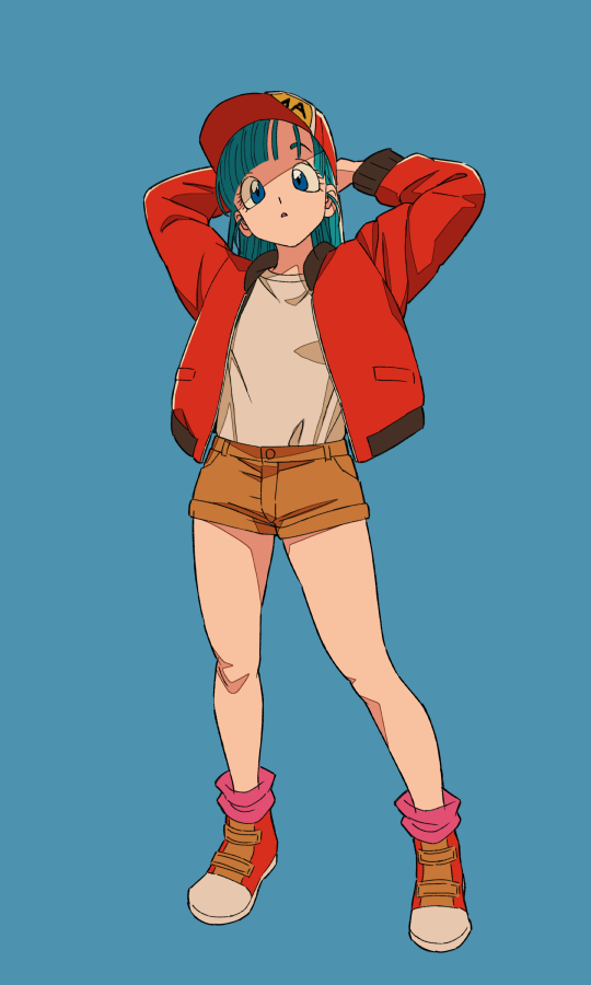 1girl ankle_socks aqua_eyes aqua_hair arms_behind_head arms_up bangs baseball_cap blue_background blunt_bangs brown_shorts bulma dragon_ball dragon_ball_(classic) expressionless eyelashes full_body hat head_tilt jacket letterman_jacket looking_at_viewer medium_hair open_clothes open_jacket parted_lips pink_legwear red_footwear red_jacket shade shirt shirt_tucked_in shoes short_shorts shorts simple_background sneakers socks solo standing straight_hair white_shirt yoko.u