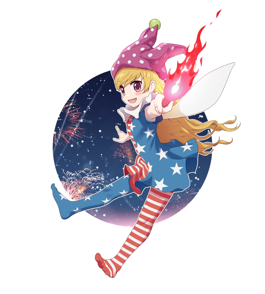 1girl :d american_flag_dress american_flag_legwear bangs blonde_hair clownpiece commentary_request commission dress english_commentary fairy_wings fire fireworks from_side hat holding holding_torch jester_cap legs looking_at_viewer maidforge mixed-language_commentary multicolored_clothes multicolored_dress multicolored_legwear neck_ruff no_shoes pantyhose short_dress smile solo star_(symbol) star_print striped striped_dress striped_legwear swept_bangs toes torch touhou violet_eyes white_background wings