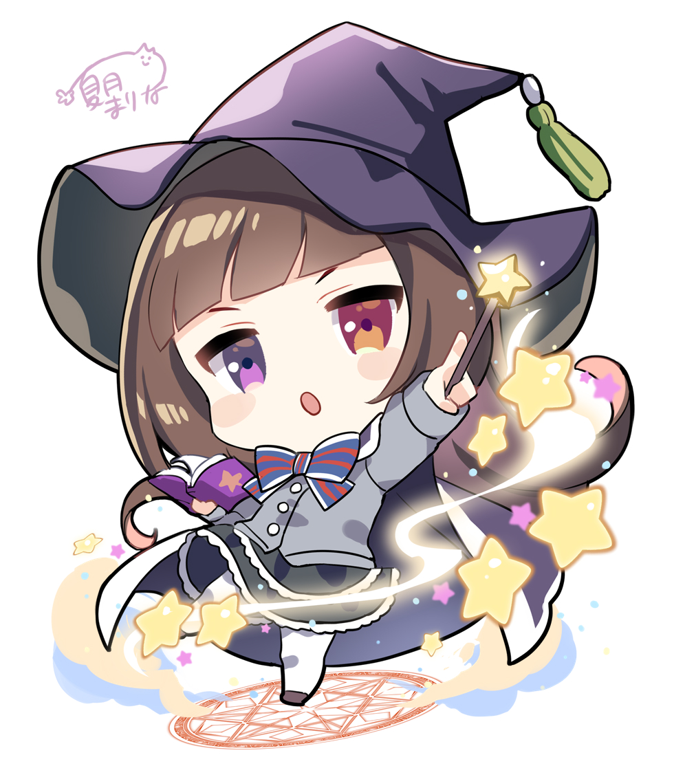 1girl bangs black_footwear black_skirt blush_stickers book brown_hair chibi commentary_request commission full_body grey_jacket hat heterochromia holding holding_book holding_wand jacket long_hair long_sleeves looking_at_viewer magic_circle natsuki_marina open_book original pantyhose parted_lips purple_headwear red_eyes shoes signature simple_background skirt sleeves_past_wrists solo star_(symbol) v-shaped_eyebrows very_long_hair violet_eyes wand white_background white_legwear witch_hat